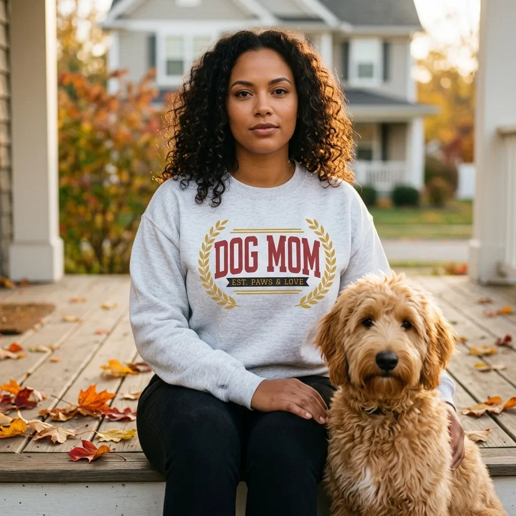 Dog Mom vintage varsity wordmark crewneck sweatshirt — lifestyle