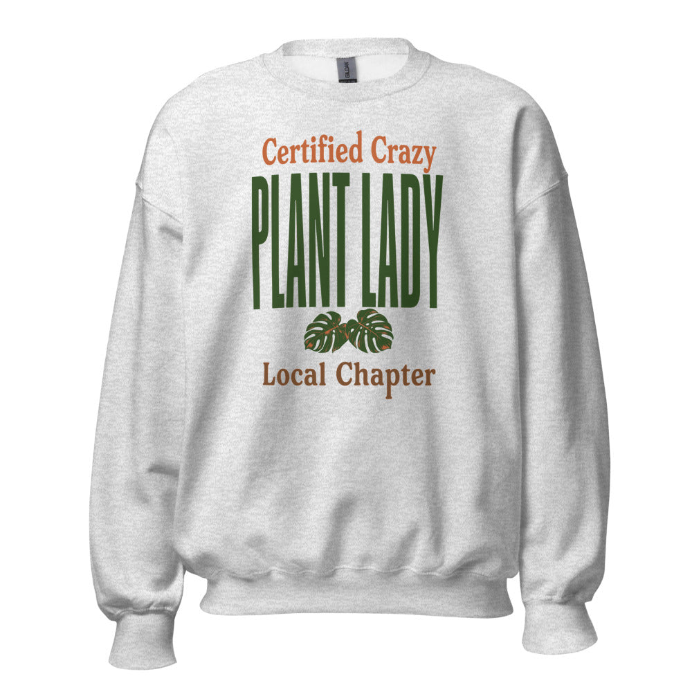 Certified Crazy Plant Lady retro botanical crewneck sweatshirt — Ash, front