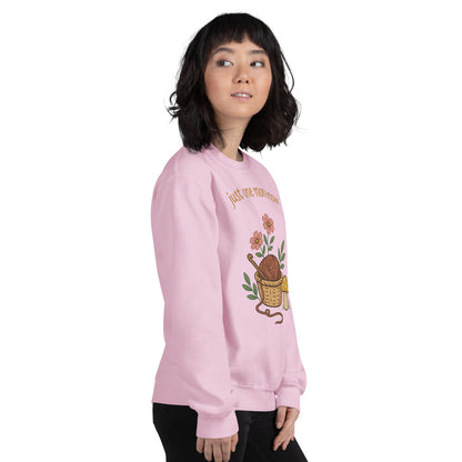Just One More Row crochet cottagecore crewneck sweatshirt — Light Pink, on model