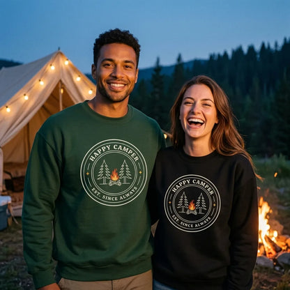 Happy Camper camp badge crewneck sweatshirt — two friends at a campfire campsite, Forest Green and Black