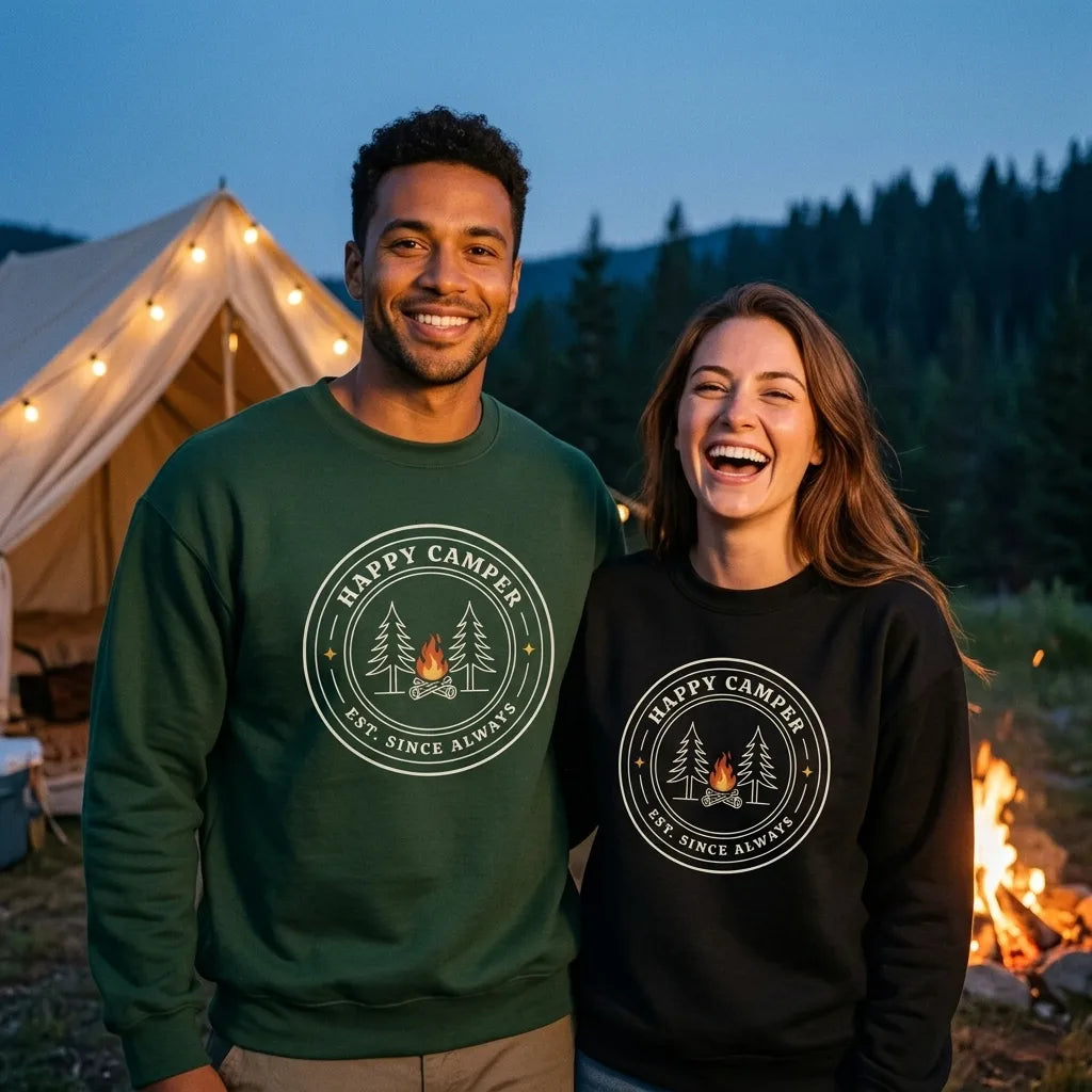 Happy Camper camp badge crewneck sweatshirt — two friends at a campfire campsite, Forest Green and Black
