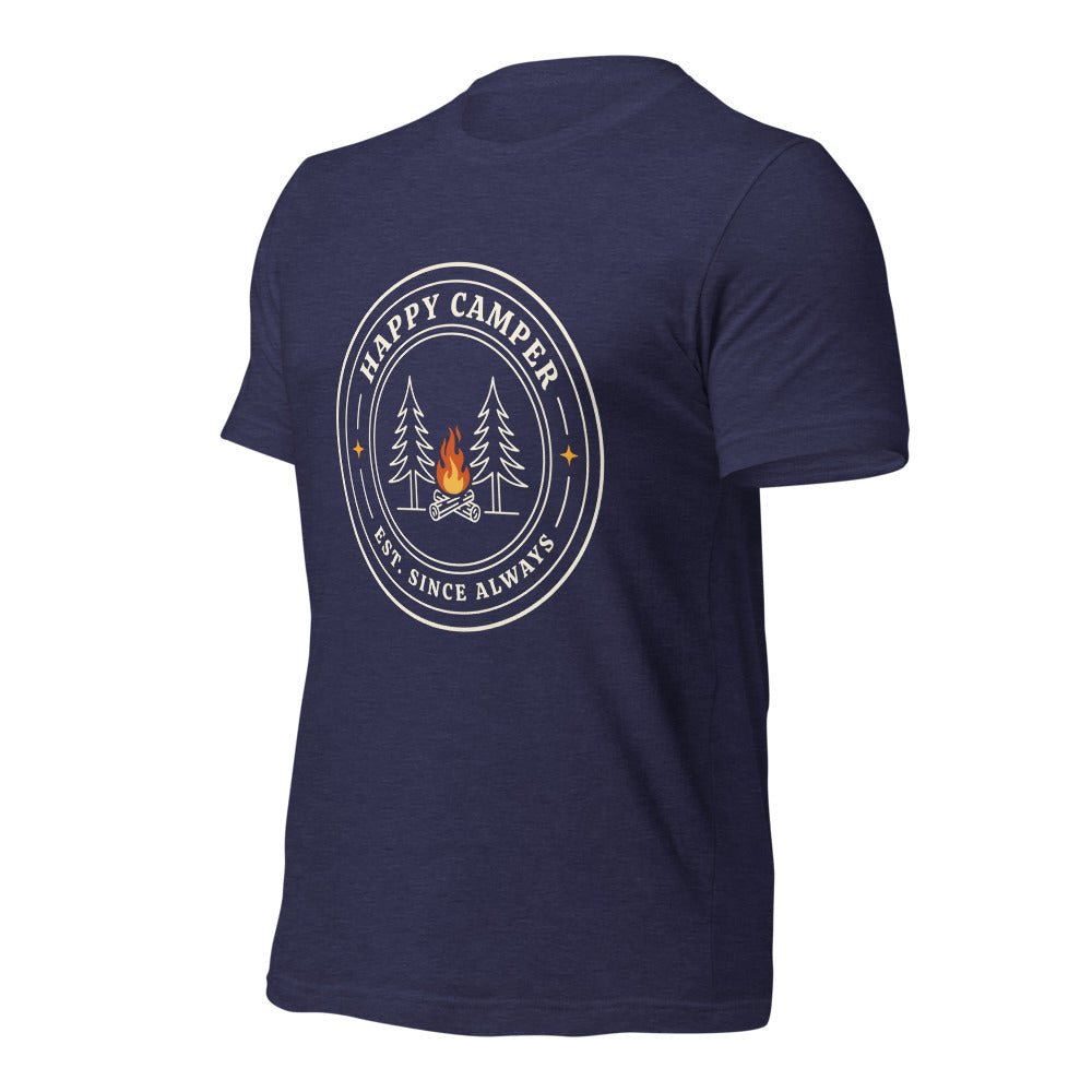 Happy Camper retro camp badge tee — Heather Midnight Navy, front right