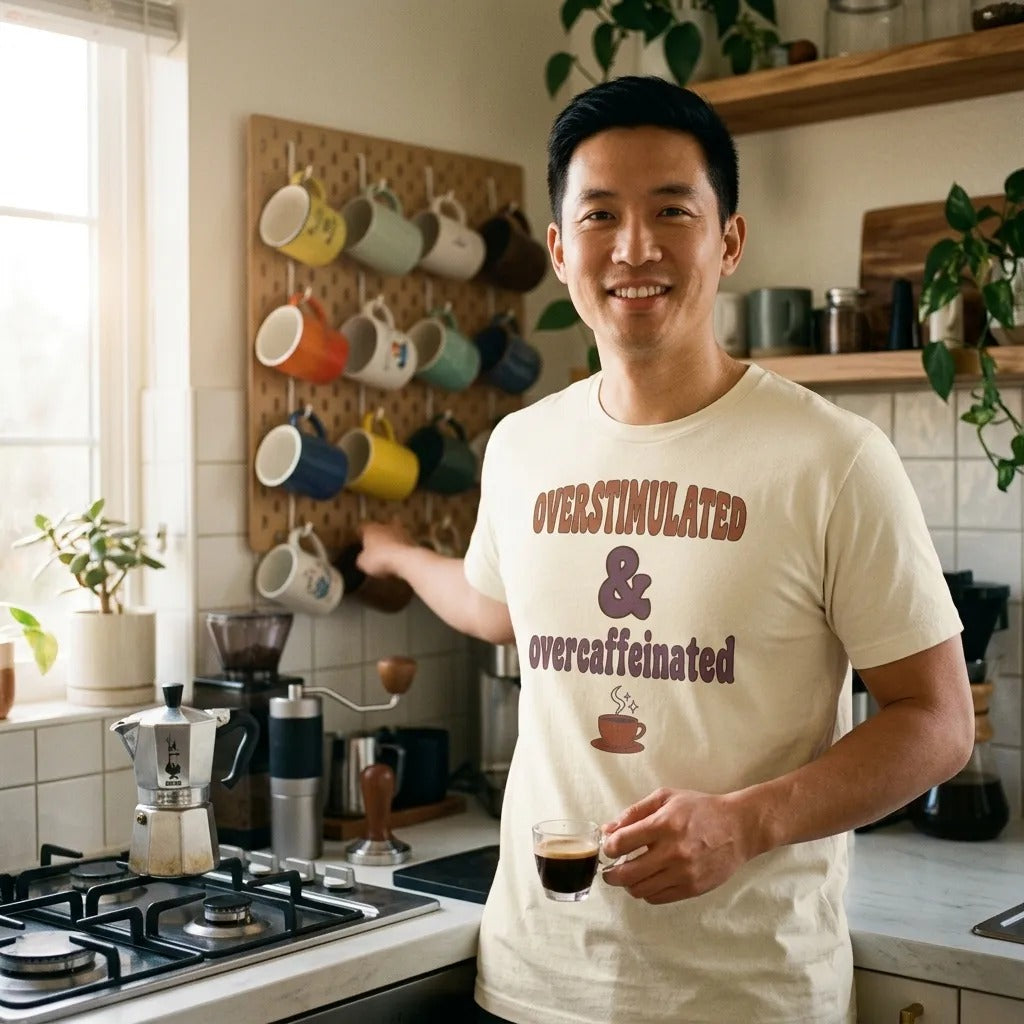 Overstimulated & Overcaffeinated soft retro coffee mental health tee — lifestyle