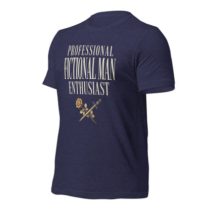 Professional Fictional Man Enthusiast book lover dark academia tee — Heather Midnight Navy, front-right