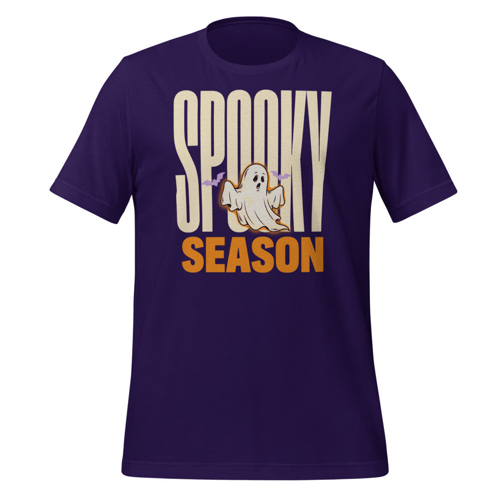 Spooky Season retro Halloween ghost typography tee — Team Purple, front