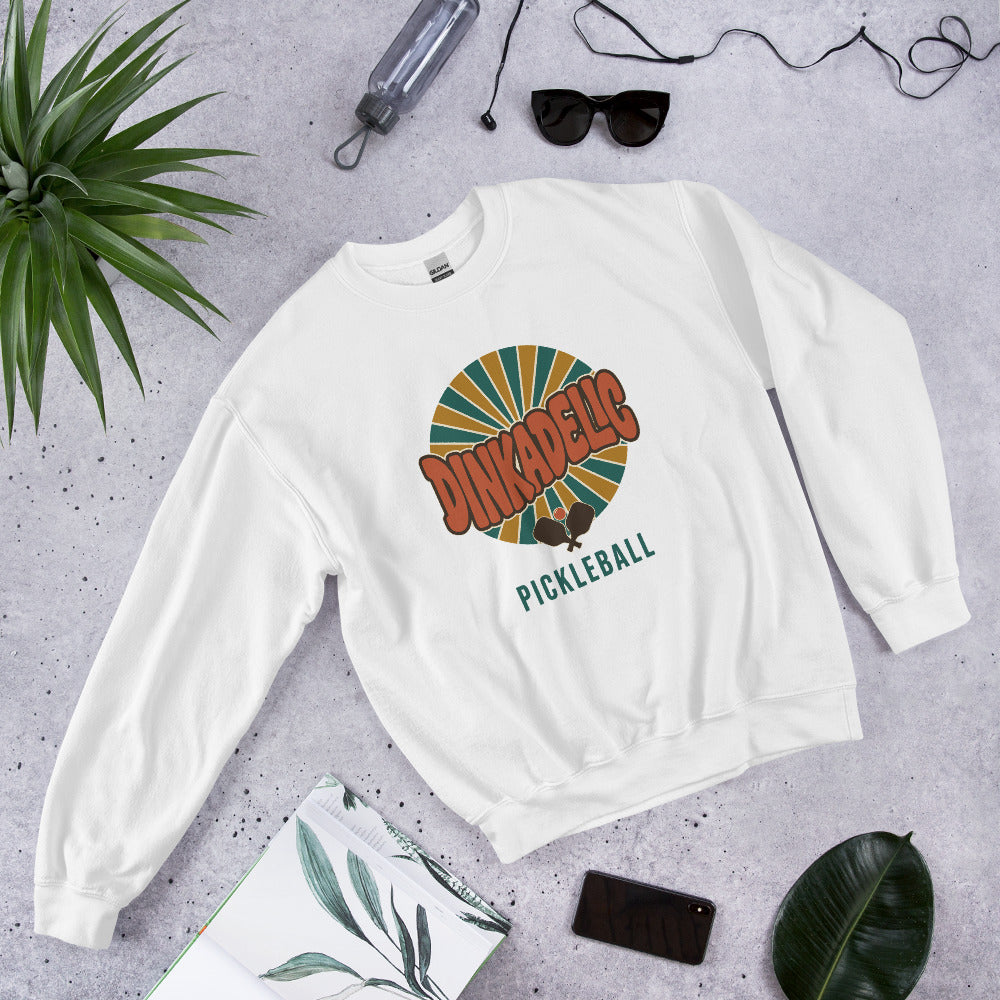 White Dinkadelic retro 70s pickleball crewneck sweatshirt ghost front right