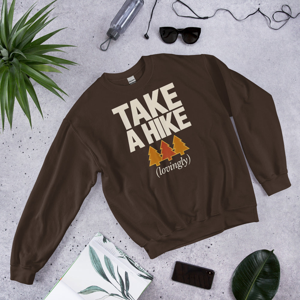 Take a Hike retro outdoors humor typography crewneck sweatshirt — Dark Chocolate, front view