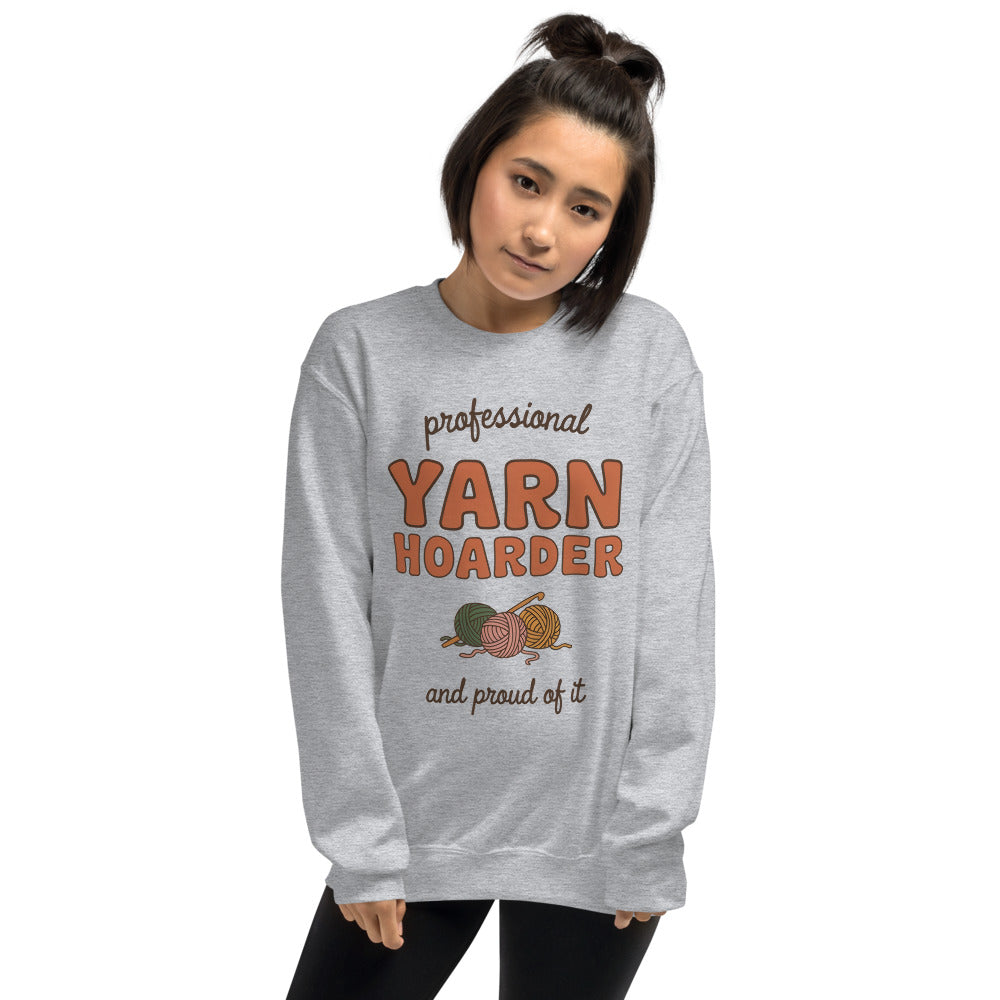 Professional Yarn Hoarder crochet cottagecore crewneck sweatshirt — Sport Grey, model