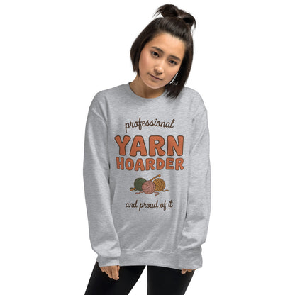 Professional Yarn Hoarder crochet cottagecore crewneck sweatshirt — Sport Grey, model