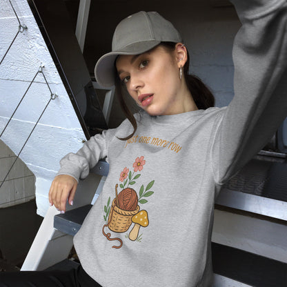 Just One More Row crochet cottagecore crewneck sweatshirt — Sport Grey, on model