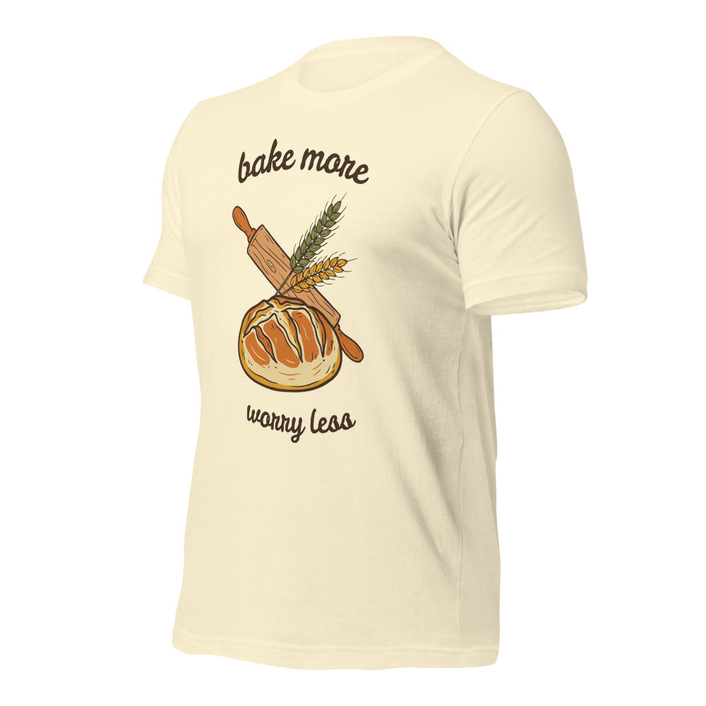 Bake More Worry Less retro kitchen sourdough tee — Natural, front right