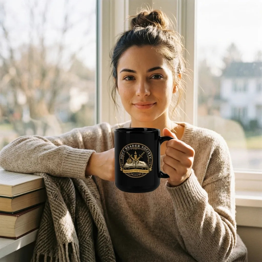 Smut Reader Society romantasy black ceramic mug — lifestyle