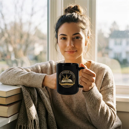 Smut Reader Society romantasy black ceramic mug — lifestyle