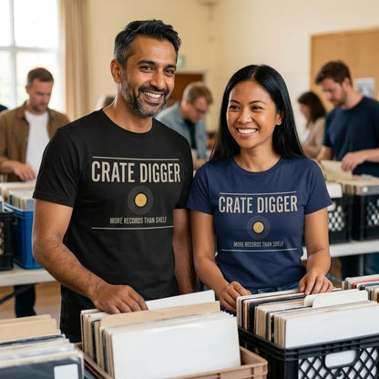 Crate Digger vinyl record tee — lifestyle