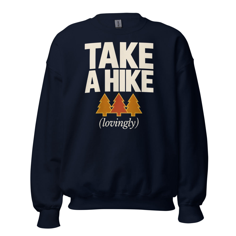 Take a Hike retro outdoors humor typography crewneck sweatshirt — Navy, front