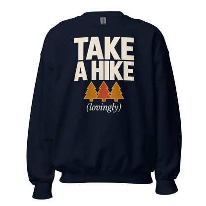 Take a Hike retro outdoors humor typography crewneck sweatshirt — Navy, front