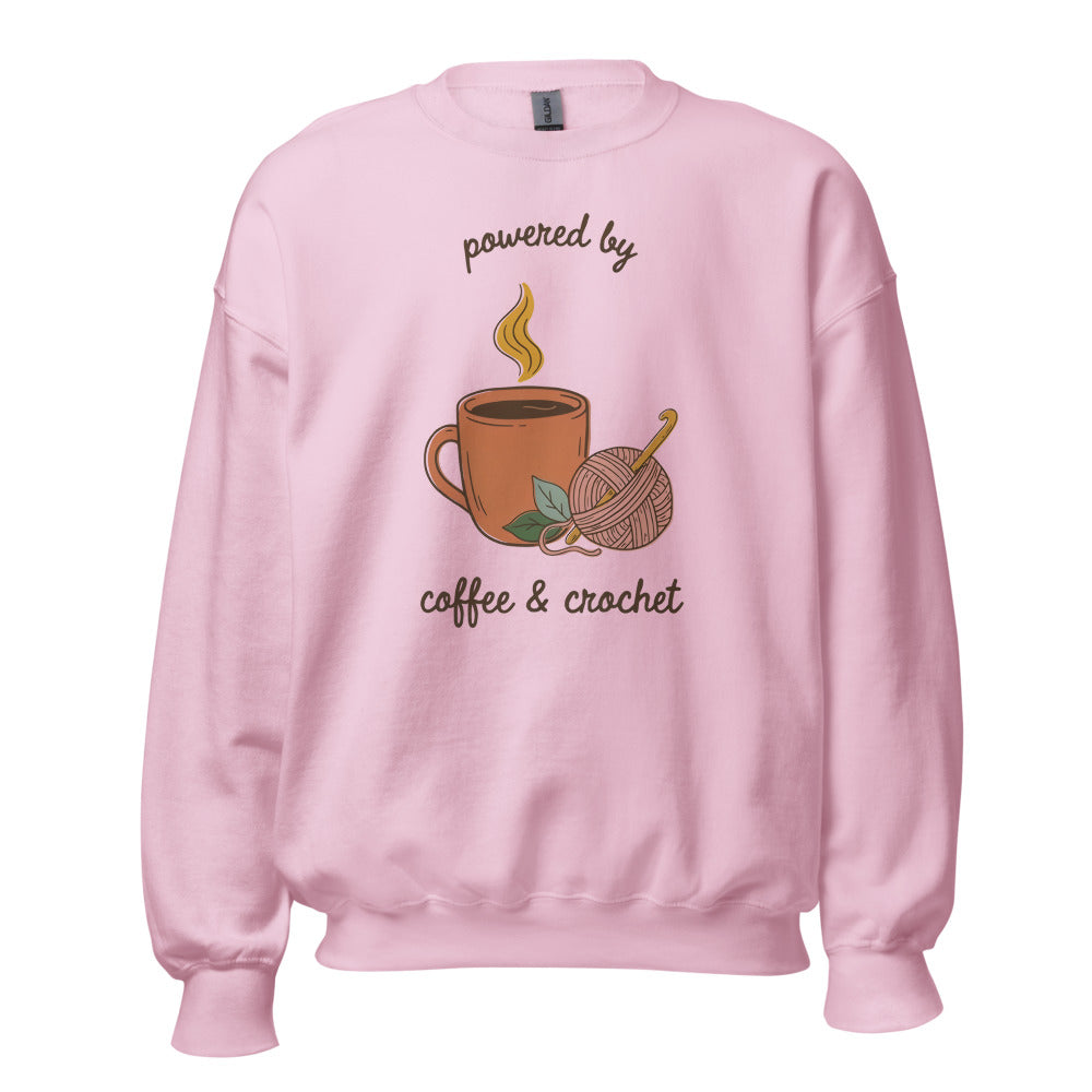Powered by Coffee and Crochet cottagecore crochet crewneck sweatshirt — Light Pink, front