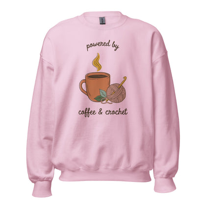 Powered by Coffee and Crochet cottagecore crochet crewneck sweatshirt — Light Pink, front