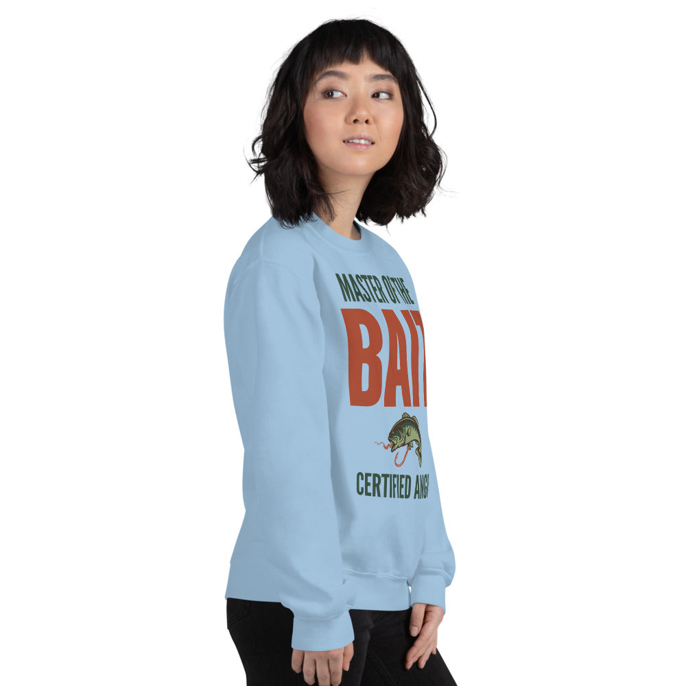 Model wearing Master of the Bait retro fishing humor crewneck sweatshirt — Light Blue