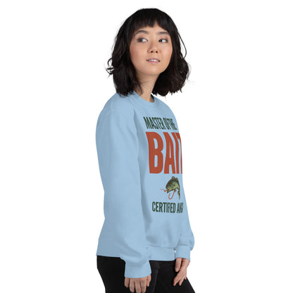 Model wearing Master of the Bait retro fishing humor crewneck sweatshirt — Light Blue