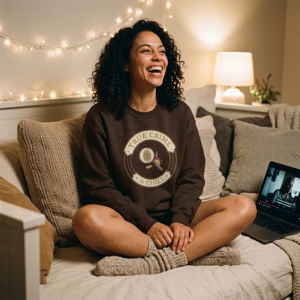 True Crime and Chill crewneck — woman relaxing on a daybed with a paused documentary, dark chocolate sweatshirt