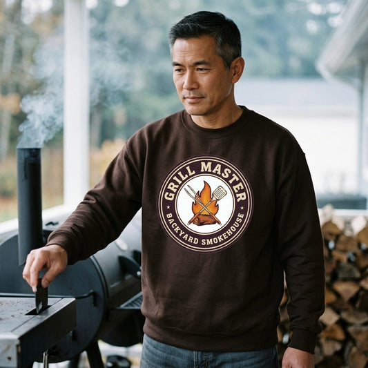 Grill Master retro backyard smokehouse crewneck sweatshirt — lifestyle