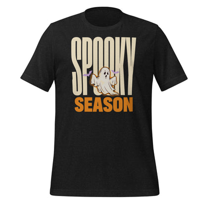 Spooky Season retro Halloween ghost typography tee — Black Heather, front