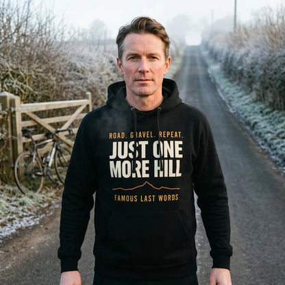 Just One More Hill retro cycling climb hoodie — lifestyle