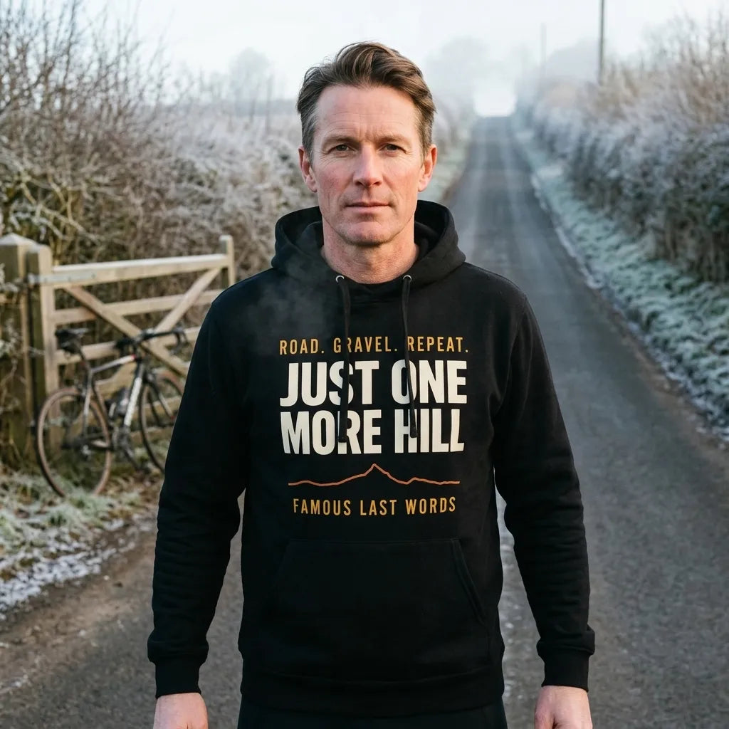 Just One More Hill retro cycling climb hoodie — lifestyle