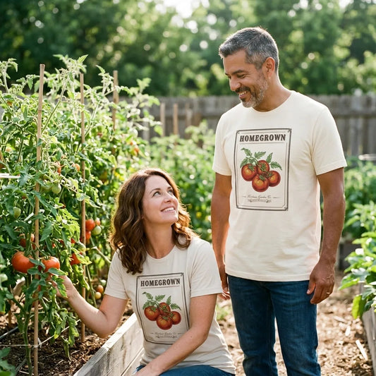 Homegrown Heirloom Seed Packet gardening tee — lifestyle