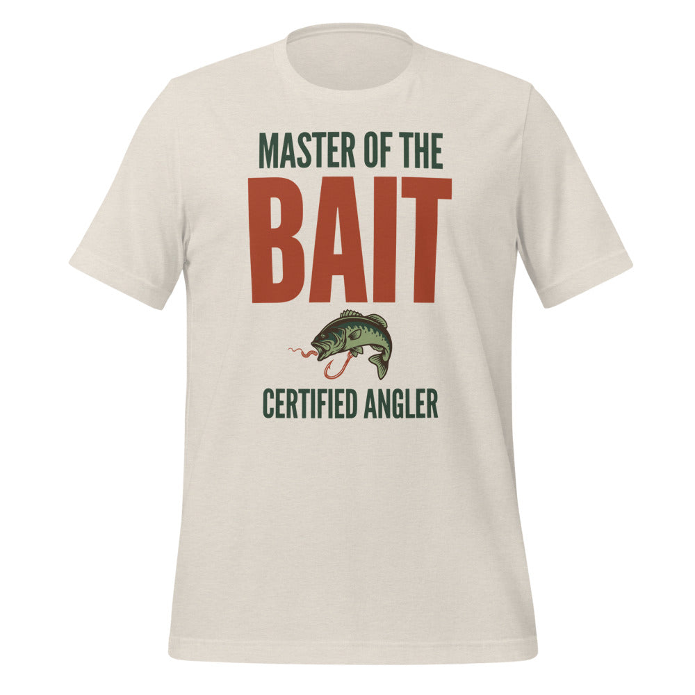 Master of the Bait retro fishing humor typography tee — Heather Dust, front