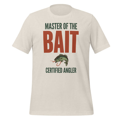 Master of the Bait retro fishing humor typography tee — Heather Dust, front
