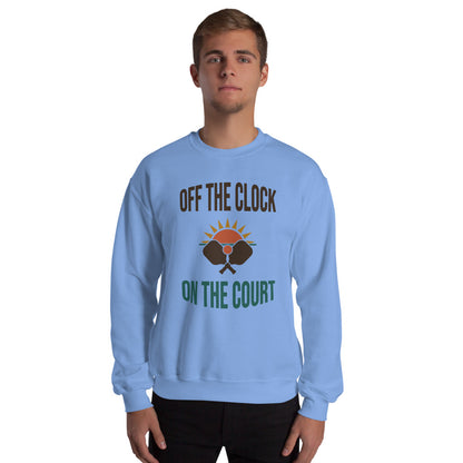 model wearing Off The Clock On The Court retro pickleball crewneck sweatshirt — Carolina Blue