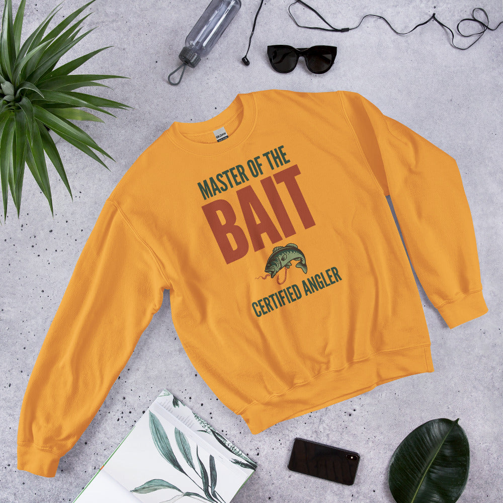Master of the Bait retro fishing humor crewneck sweatshirt — Gold, flat front