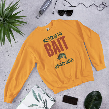 Master of the Bait retro fishing humor crewneck sweatshirt — Gold, flat front