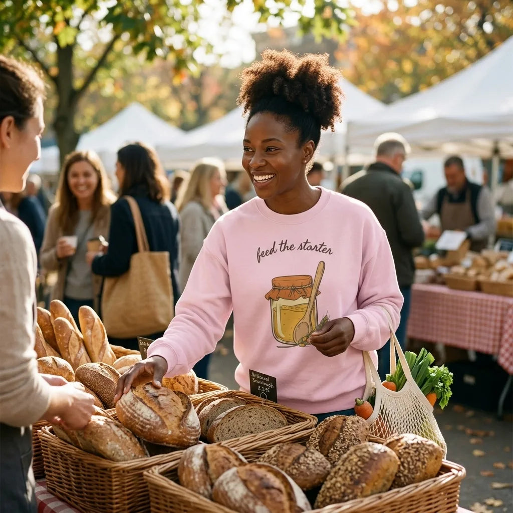 Feed The Starter sourdough crewneck — woman at a farmers market bread stall, Light Pink sweatshirt