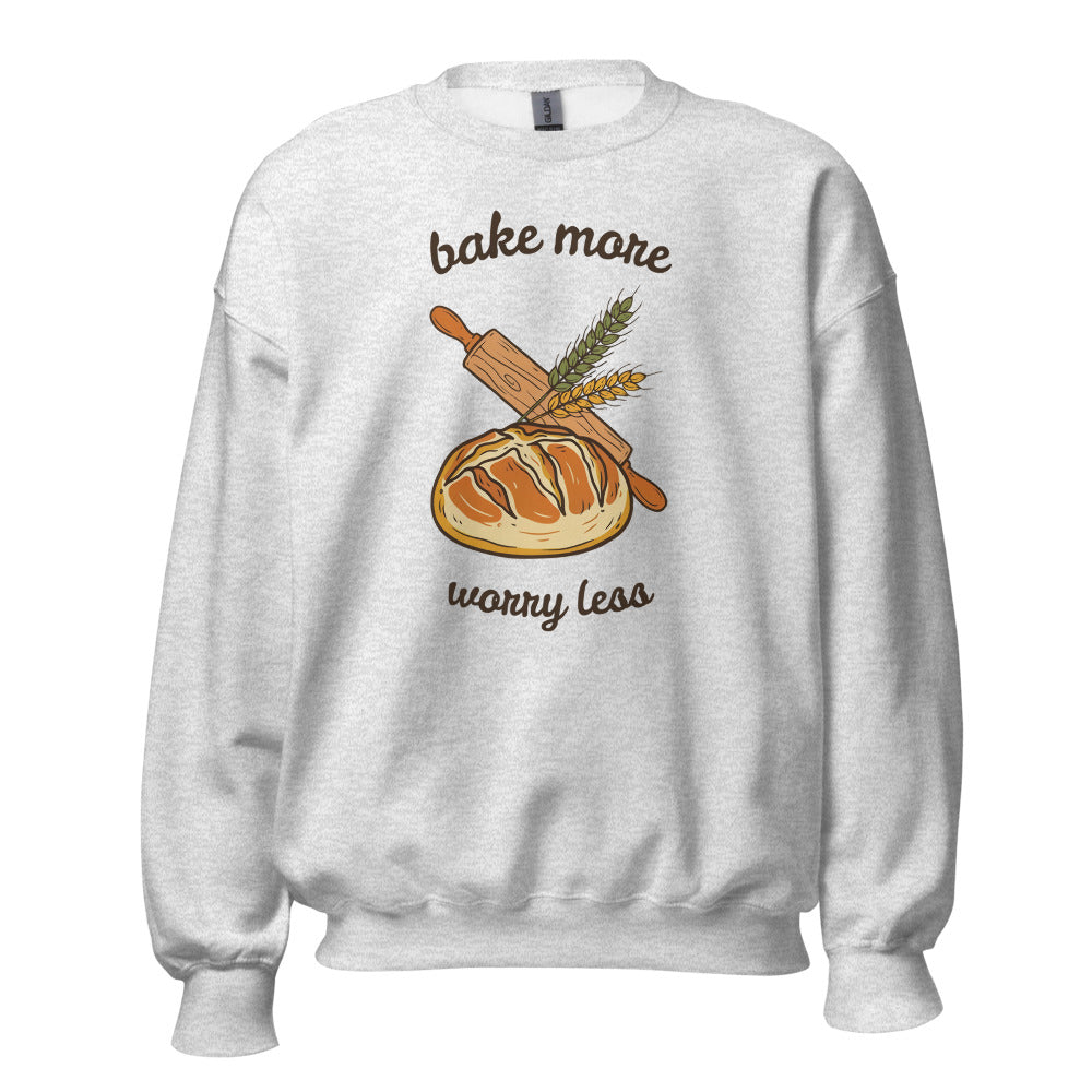 Bake More Worry Less retro kitchen sourdough crewneck sweatshirt — Ash, front