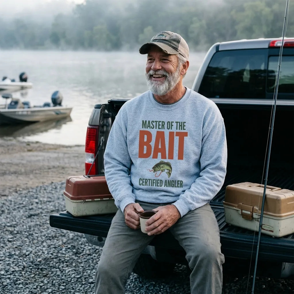 Angler on a pickup tailgate at a foggy boat ramp in a Master of the Bait Sport Grey fishing crewneck