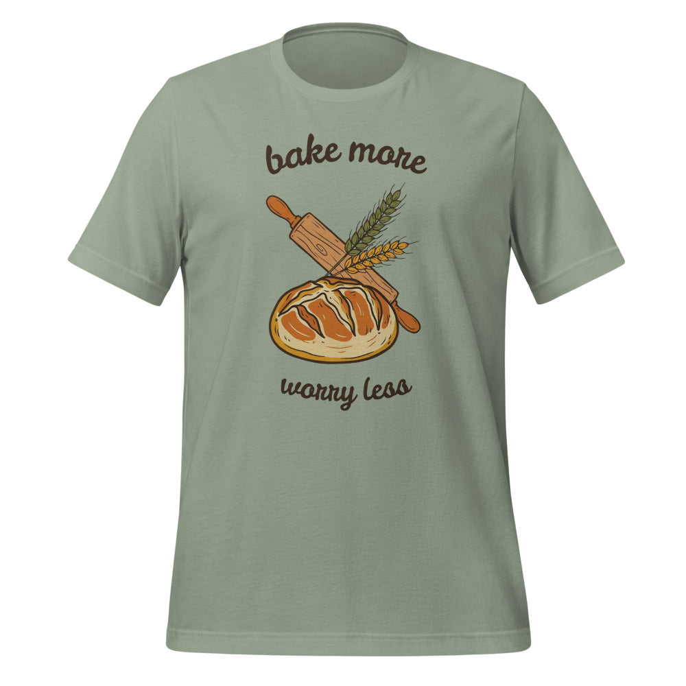 Bake More Worry Less retro kitchen sourdough tee — Sage, front