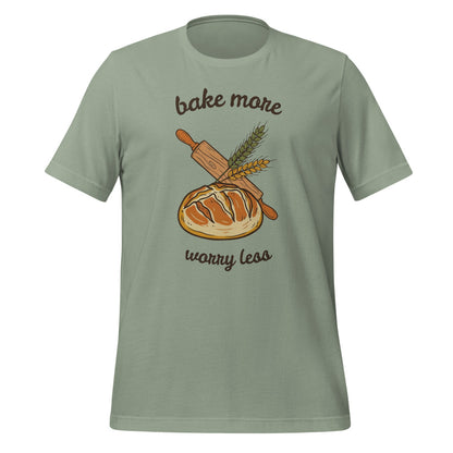 Bake More Worry Less retro kitchen sourdough tee — Sage, front