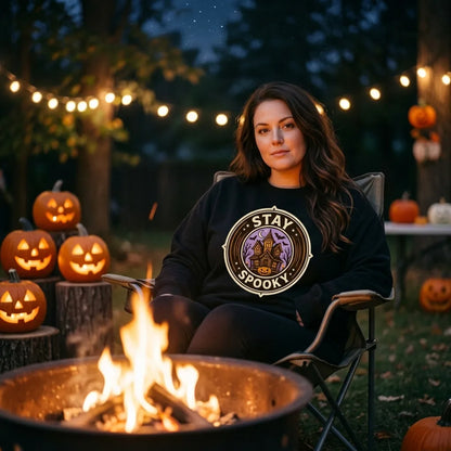 Stay Spooky retro Halloween vintage badge crewneck sweatshirt — lifestyle