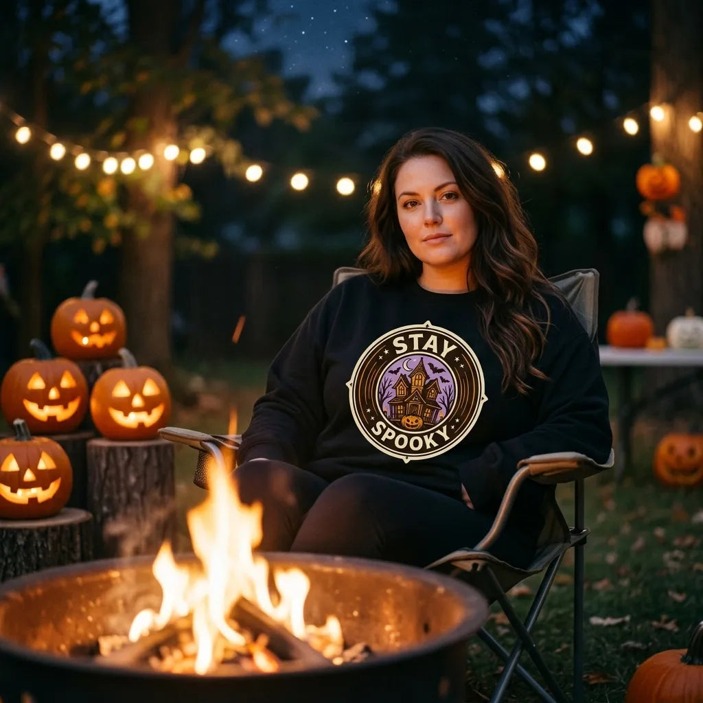 Stay Spooky retro Halloween vintage badge crewneck sweatshirt — lifestyle