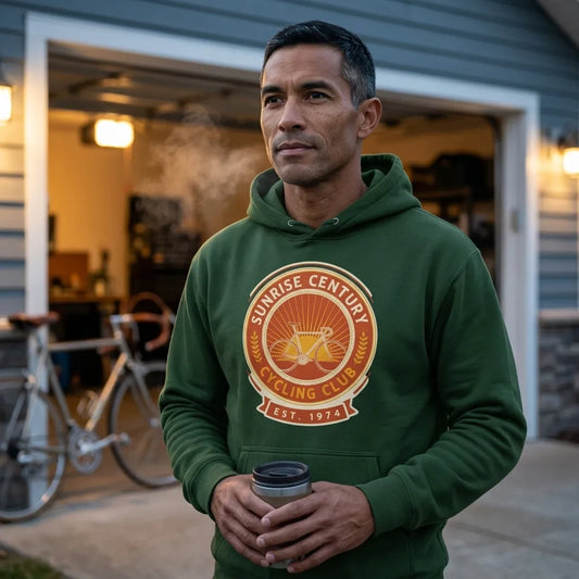 Sunrise Century C.C. retro cycling club badge hoodie — lifestyle