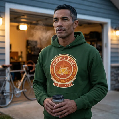 Sunrise Century C.C. retro cycling club badge hoodie — lifestyle