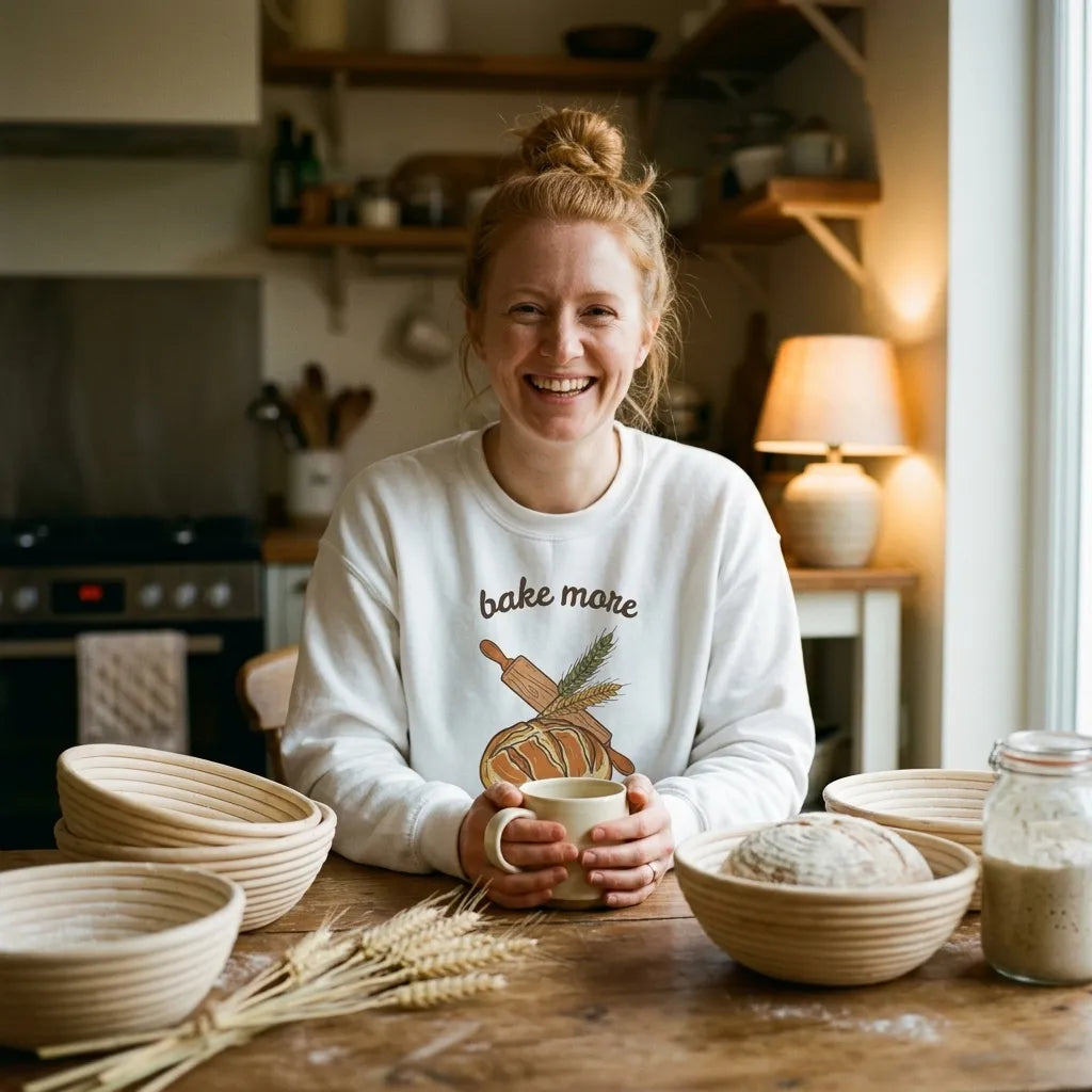 Home baker at kitchen table wearing Bake More Worry Less retro kitchen sourdough crewneck sweatshirt — Light Pink block