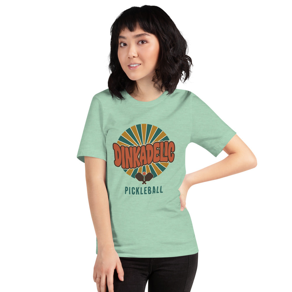 Dinkadelic retro 70s pickleball tee — Heather Prism Mint, on model