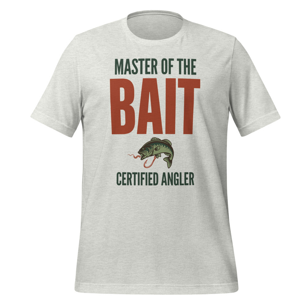 Master of the Bait retro fishing humor typography tee — Ash, front