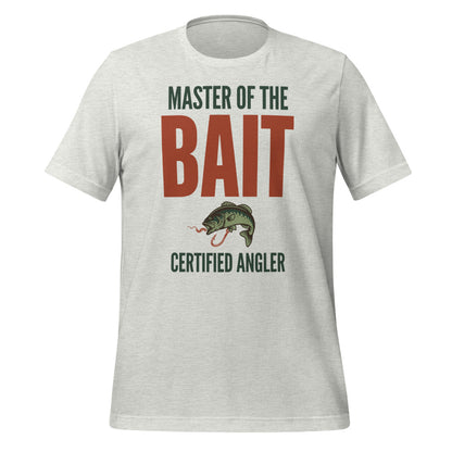 Master of the Bait retro fishing humor typography tee — Ash, front