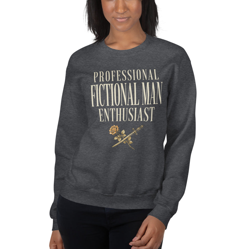 Professional Fictional Man Enthusiast book lover dark academia crewneck sweatshirt — Dark Heather, worn by model