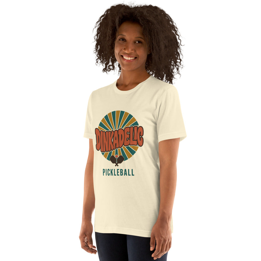 Dinkadelic retro 70s pickleball tee — Natural, on model